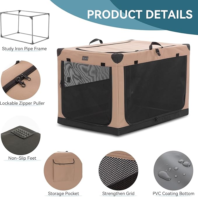 PETSFIT Soft Sided Dog Crate, with Patented Adjustable Fabric Cover, Chewproof & Lockable Mesh Doors, Waterproof Base Portable Kennel Khaki 40 Inch