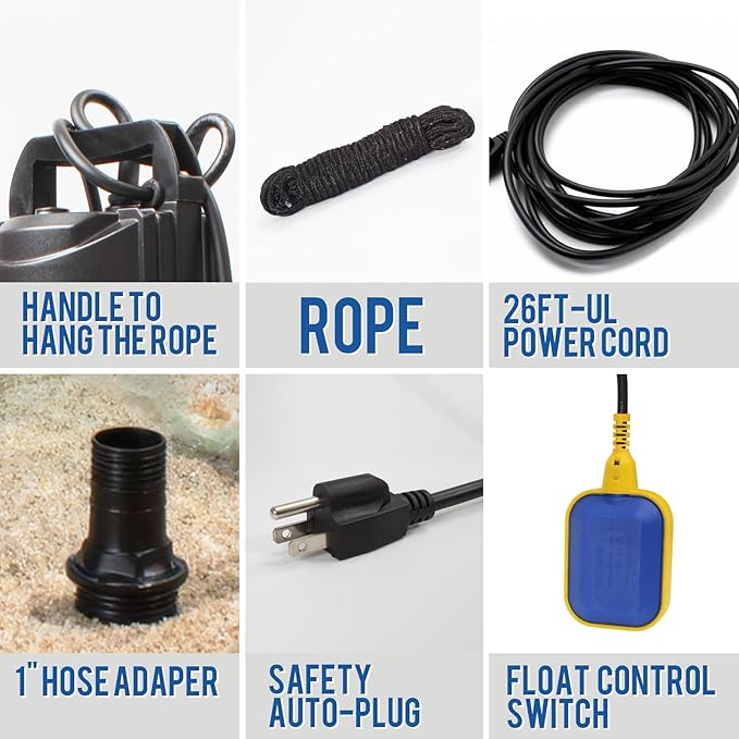 Weeflos 1.6HP Submersible Sump Pump, Automatic ON/OFF, 6300 GPH High Flow, 36ft Max Head, for Dirty Water Removal, Flooded Basement, Swimming Pool Cover, Hot Tubs, Lightweight Aluminum (1HP/36FT)
