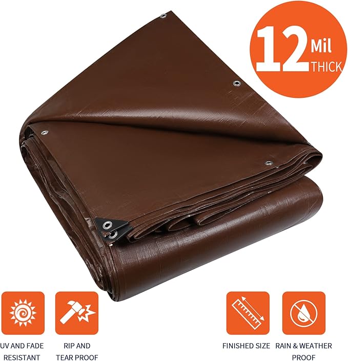 [20'X20'] RSW Heavy Duty Waterproof 12 Mil Safety Reversible Tarp Cover, UV Resistant, Rip and Tear Proof Tarpaulin with Reinforced Edges - for Roof, Camping, Patio, Pool Cover, Boat (Brown/Silver)