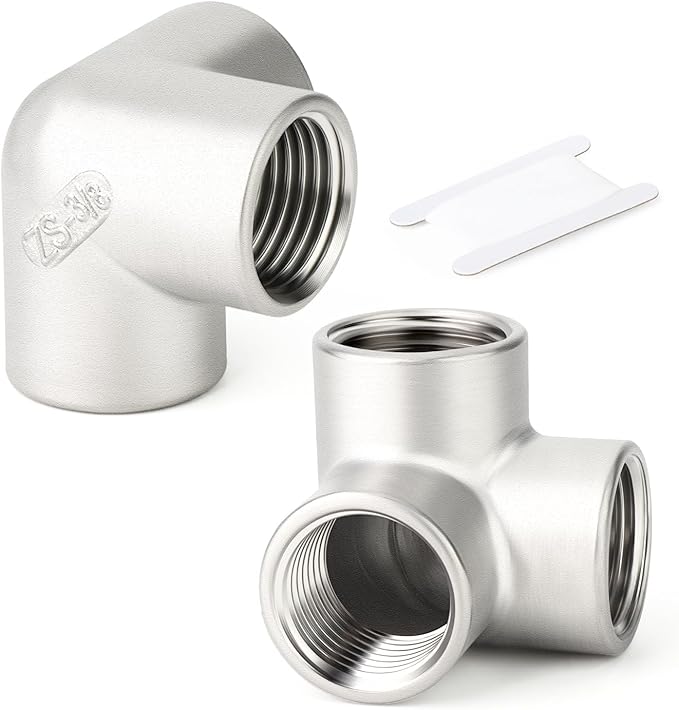 TAISHER 2PCS 304 Stainless Steel 3 Way Corner Pipe Fittings, 3/8" x 3/8" x 3/8" Female Pipe Fittings