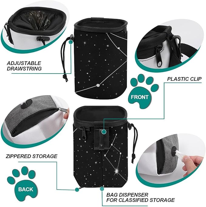 Fashion Dog Training Package, Portable Travel Pet Carrier Bag, Puppy Snack Pocket with Adjustable Waist Belt 3 Ways to Wear Zodiac Constellation Galaxy Black Starry Night Stars Glow Dark Midnight