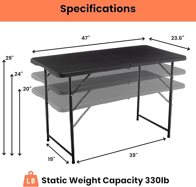 BTEXPERT Set of 2, Fold-in-Half Folding Utility Table 4Feet Lightweight Height Adjustable Portable Carrying Handle Indoor Outdoor Picnic Camping Office Home Party Easy to Clean Store Care Black