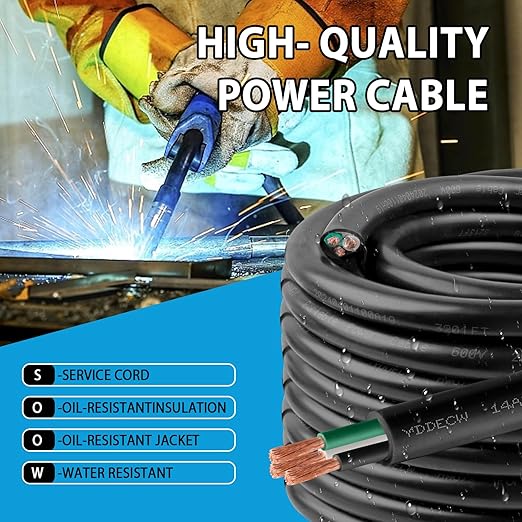 200ft 14/3 14 AWG Portable Power Cable (3 Conductor) - SOOW 600V 14 Gauge Electric Wire for Motor Leads, Portable Lights, Battery Chargers and Machinery - 3 Conductor - 200 Feet Electrical Cord