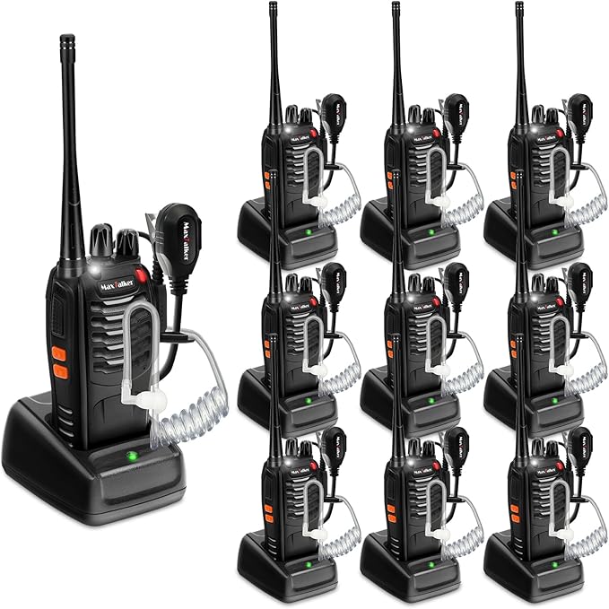 Radios Walkie Talkies Long Range: MaxTalker MT-8S 10 Pack Walkie Talkie with Acoustic Tube Headset,1500mAh Battery,Rechargeable Walkie Talkies for Adults Business Construction School Church Restaurant