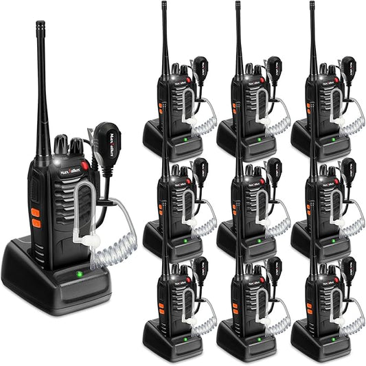 Radios Walkie Talkies Long Range: MaxTalker MT-8S 10 Pack Walkie Talkie with Acoustic Tube Headset,1500mAh Battery,Rechargeable Walkie Talkies for Adults Business Construction School Church Restaurant