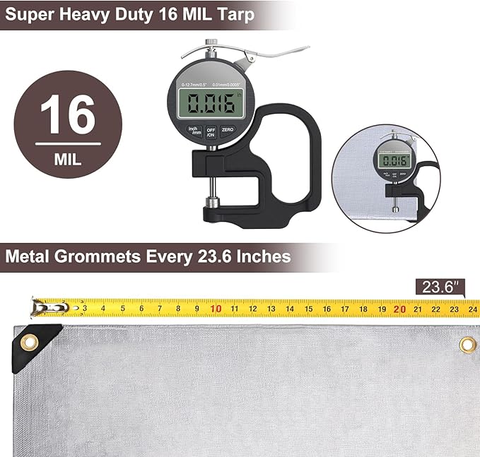 Large Tarp 8x10FT, 16 Mil Heavy Duty Waterproof with Grommets Every 23.6", 420D Thick Plastic, UV Resistant Tear & Fade Resistant, Reinforced Edges for Outdoor Pool Camp Tent