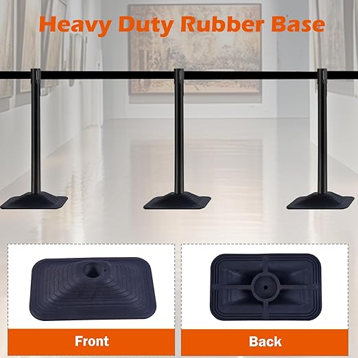 4 Pack Crowd Control Stanchion Set, Black Posts with 10FT Retractable Belt, Space-Saving Rectangular Heavy Base, Queue Barrier for Events & Traffic Management