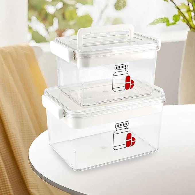2 Pack First Aid Box, Clear Plastic Medicine Storage Box with Lock Lid & Handle, Medicine Kit Case Container Empty, Medical Box for Supplements Medicine Storage Emergency Supplies Organizer