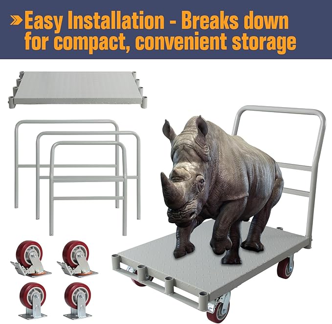 Steel Panel Truck Cart, Platform Truck, Heavy Duty Lumber Drywall Dolly, Flatbed with 2500 Lbs Capacity and 4 Swivel Casters, 36x24inch Steel Board with 1Front and 2Side Handrails