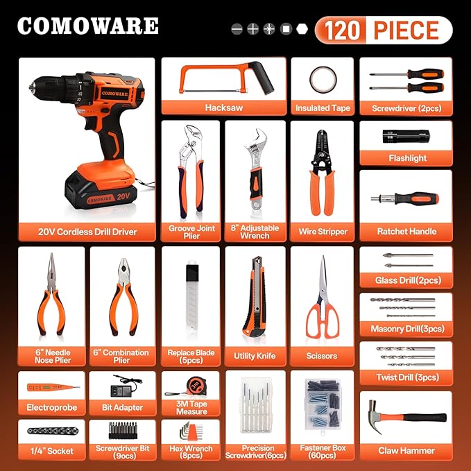 COMOWARE Household Tool Set with 20V Cordless Drill Driver, 120Pcs Hand Tool Kit for Men, Power Drill Set with Plastic Toolbox, Ideal for Office, Garden, DIY Project