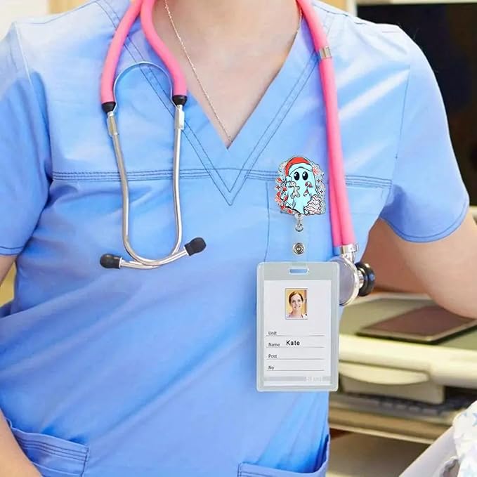 Christmas Gingerbread Man Ghost Badge Reel, Nurse Doctor Badge Clip with Retractable & 24” Durable Nylon Cord Cute Gifts for RN CNA LPN Medical Worker Teacher Student Name Tag Decor