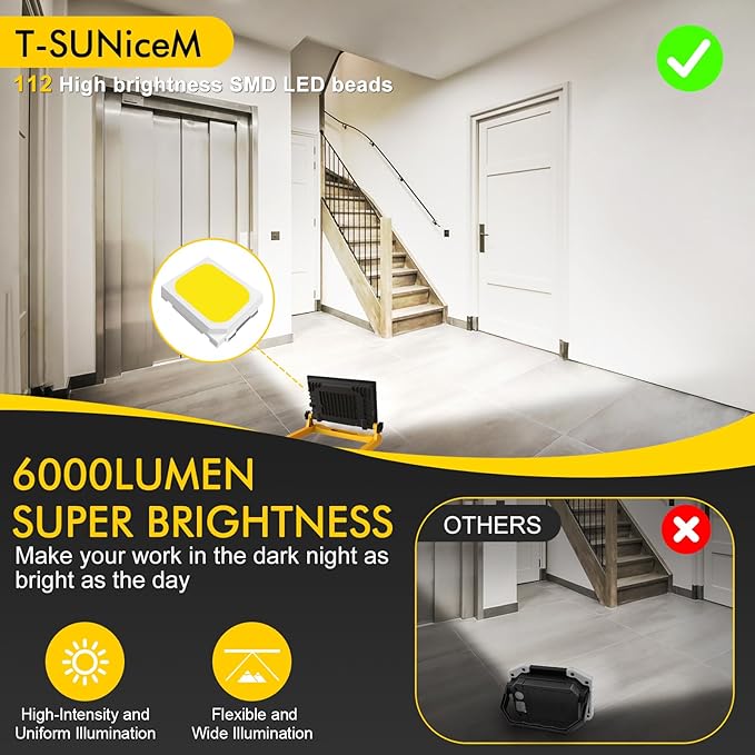 60W 6000LM LED Work Light with Stand, 13ft Cord & Magnetic Base, IP66 Waterproof Portable Flood Light, 3 Modes with Memory, Hook for Workshop, Construction, Outdoor