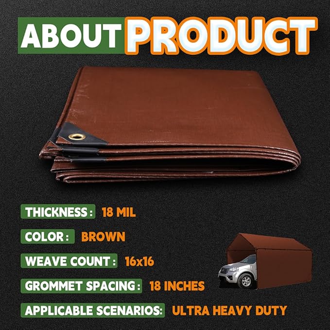 RAINDEWAY 4x8 Feet Super Heavy Duty 18 Mil Brown Poly Tarp Cover, UV Resistant, Weatherproof, Multipurpose Waterproof Poly Tarp with Grommets and Reinforced Edges