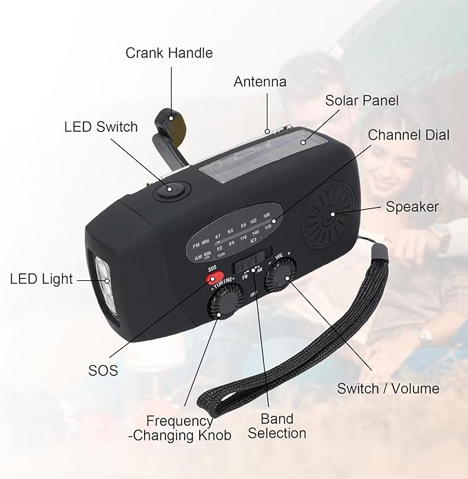 2000mAh Wind Up Radio, Portable Solar Emergency Radio with SOS Alarm, AM FM Weather and Torch, for Power Outage Camping Hiking (Black)