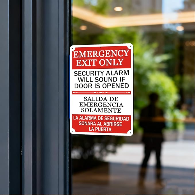 2 Pack Emergency Exit Only Bilingual Sign, 10 x 7 Inches Rust Free Aluminum Sign, UV Resistant, Scratch, Waterproof and Weatherproof, Indoor/Outdoor Use. Easy to Mount