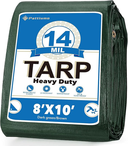 Tarp Waterproof 8×10 FT 14 Mil Heavy Duty Tarp Multipurpose Tarps Heavy Duty Waterproof Protective Cover UV All Weather Resistant for Shelter Camping, Green/Brown
