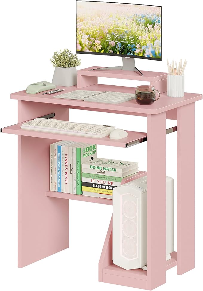ALISENED 30" Small Computer Desk with Keyboard Tray Monitor Stand, Study Writing Desk with Storage Shelves, Modern Workstation for Small Spaces, Save Space, Pink