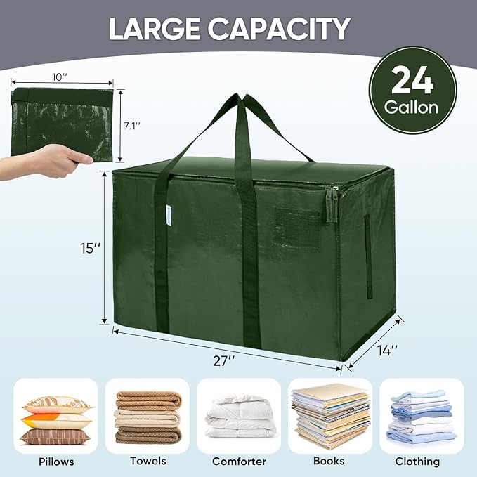 TICONN 6 Pack Extra Large Moving Bags with Zippers & Carrying Handles, Heavy-Duty Storage Tote Moving Boxes for Space Saving (6 Pack, Olive)
