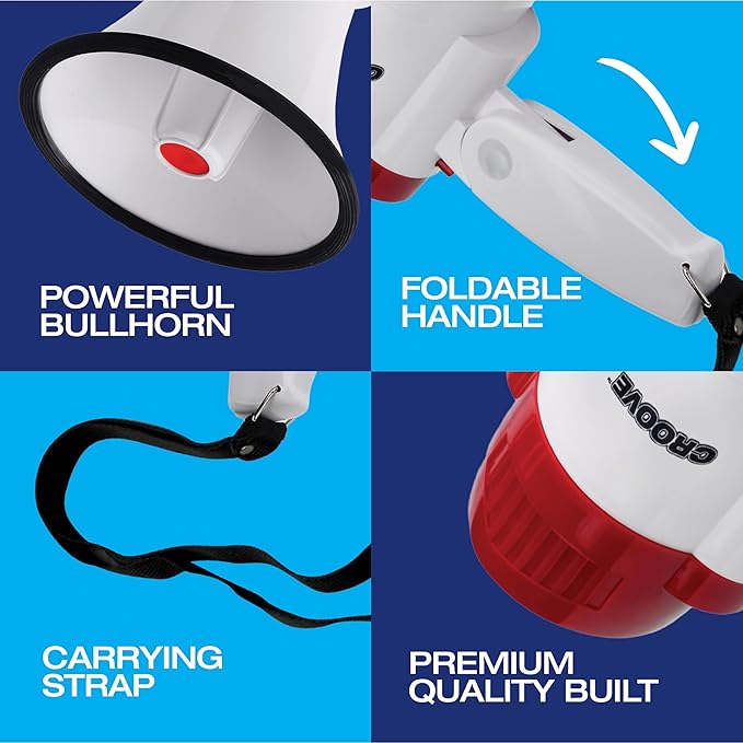 Croove Portable Megaphone Loud Speaker, Bullhorn with Siren Music, Volume Control, 30 Watt Mini Bull Horn, 800 Yard Voice Range Mega Phone, Noise Makers, Sporting Essentials for Coach, Camp Counselor