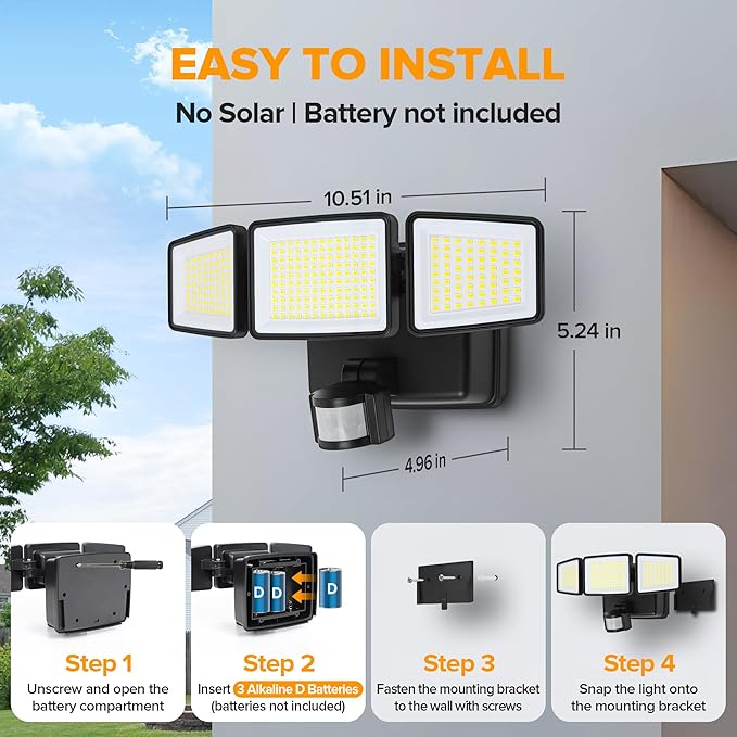 UME Battery Powered Motion Sensor Outdoor Lights 302 LED 1800LM, IP65 Waterproof Battery Operated Flood Lights Outdoor, 3 Heads Security Motion Light with 3 Modes for Garden Patio Yard, 2 Pack (Black)