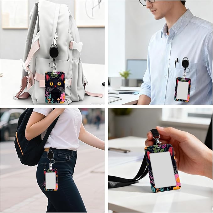 ID Badge Holder with Retractable Lanyard for Women & Men,Vertical ID Card Holder Wallet,Clear Window&Card Slot,Detachable Neck Strap for Nurse Teacher Office,Flower Cute Cat