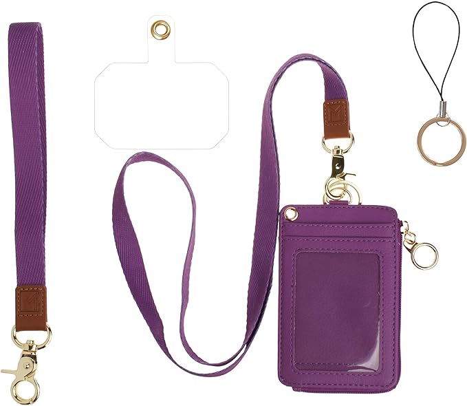 2-in-1 ID Badge Holder & Lanyard Wallet - Multi-Use Womens Small Wallet with Removable Wristlet & Neck Lanyard, Clear Window, 5 Card Slots, Phone Holder, Ring Keychain - Deep Purple