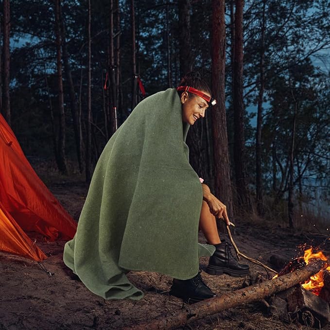 Preboun 3 Pieces Wool Camping Blanket Bulk 60" x 80" Military Wool First Aid Fire Retardant Blanket Queen for Outdoors Camping Stadium Picnics Travel Car Survival Kits(Olive Green)