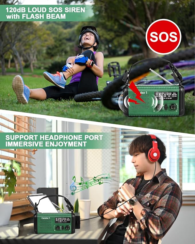 Emergency Crank Radio, 20000mAh / 74000mWh Solar Hand Crank Weather Radio with NOAA/AM/FM, Battery Powered Radio with Cell Phone Charger, Reading Lamp, Flashlight & SOS for Emergencies/Home (Green)
