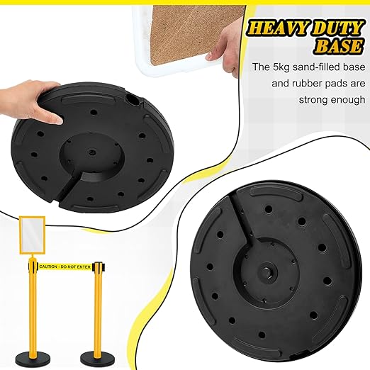 Therwen 6 Pack Heavy Duty Crowd Control Stanchions 9.8 ft Stainless Steel Stanchion Set with 6 Safety Barrier Post Retractable Belt and 1 Sign Holder Crowd Control Barrier(Caution Belt,Yellow)