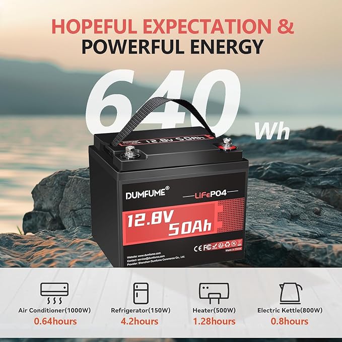 12.8V 50Ah LiFePO4 Lithium Battery, Built-in 50A BMS,640Wh Capacity, 4000+ Cycles, Low-Temp Protection,Perfect for RV, Camping, Solar, Off-Grid and Home Energy Storage