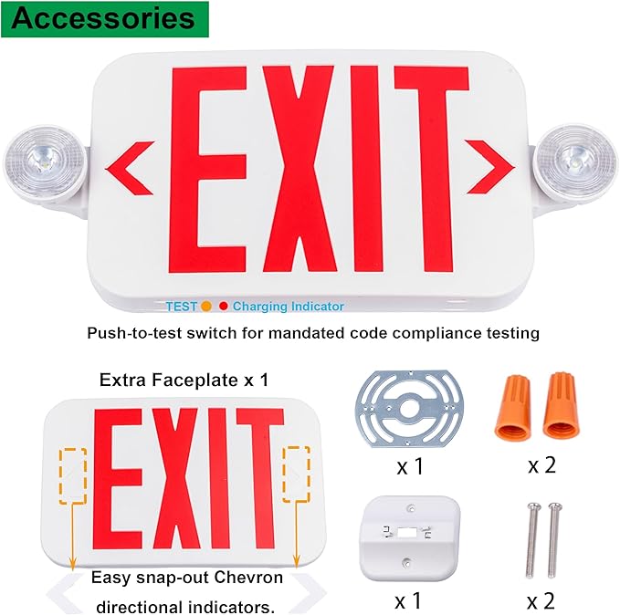 LIT-PaTH LED Combo EXIT Sign with 2 Adjustable Head Lights and Double Face, Back Up Batteries- US Standard Red Letter Emergency Exit Lighting, UL 924 and CEC Qualified, 120-277 Voltage, 4-Pack