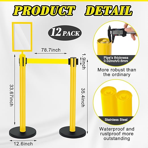 Therwen 12 Pack Therwen Heavy Duty Crowd Control Stanchions 9.8 ft Stainless Steel Stanchion Set with Safety Barrier Post Retractable Belt and Sign Holder Crowd Control Barrier(Yellow Belt, Yellow)