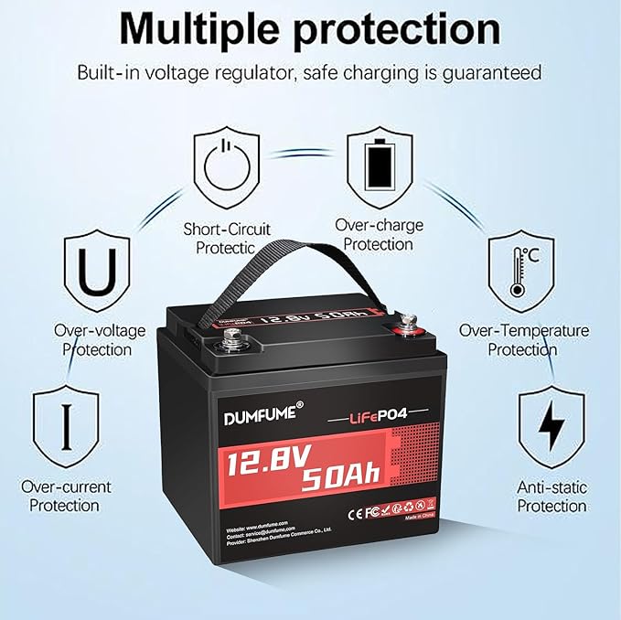 2 pack Dumfume 12V 50Ah LiFePO4 Lithium Battery, Built-in 50A BMS, 640Wh Energy with Low-Temp Protection,Ideal for RV,Solar,Home Energy Storage,Off-Grid,Industrial Backup Power