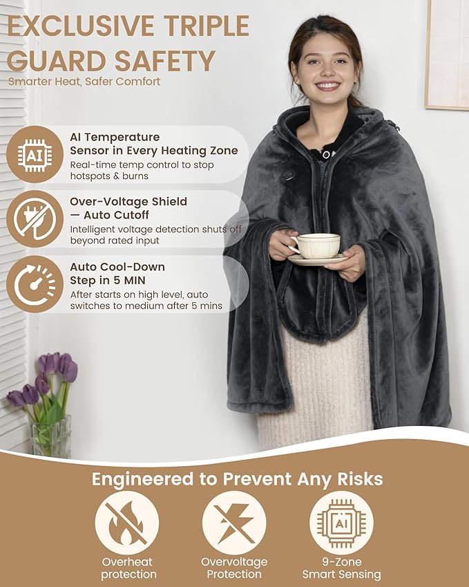 Cordless Heated Blanket with Hood, Rechargeable Wearable Heated Blanket Battery Powered with 20000 mAh Battery, 9 Heating Zones, 3 Levels, Portable Heated Throw Blanket, Heated Shawl, Camping Blanket