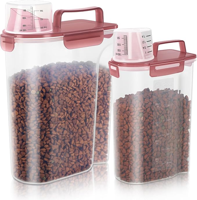 5-7Lbs Dog Cat Food Storage Container with Upgraded Large Nozzle BPA-free, 4 Snap Seals Plastic Pet Food Storage Containers with Handles (Clear Pink, (5L+3L) 2pack)