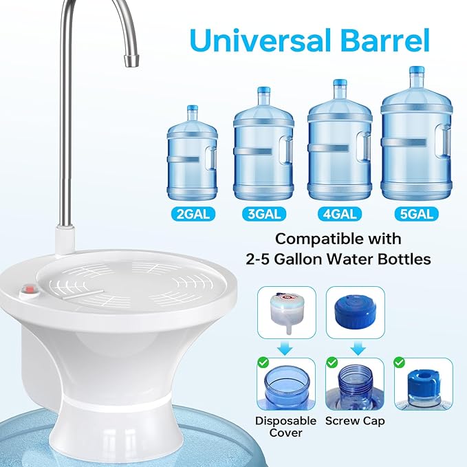 Water Dispenser for 5 Gallon Bottle - Automatic Electric Drinking Water Dispenser, Water Bottle Pump for 2-5 Gallon Water Jugs, USB Rechargeable Water Pump with 2 Switch Control for Home, Camping