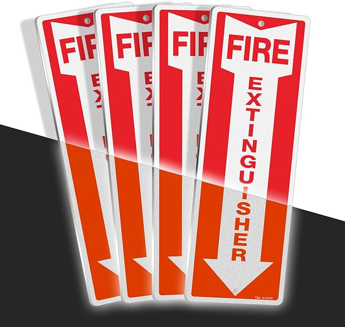 T&R Metal Fire Extinguisher Sign - 4 Pack - 12"x4" .040 Rust Free Heavy Aluminum, Reflective, Waterproof, Weatherproof and Fade Resistant, 2 pre-drilled holes, Easy to Install Indoors and Outdoors