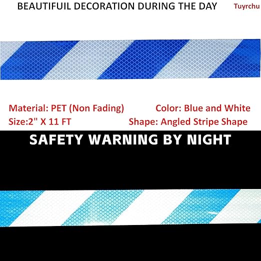 Reflective Tape Blue White 2 inch Wide, Outdoor Waterproof High Visibility Hazard Warning Industrial Marking Tape (11 feet)