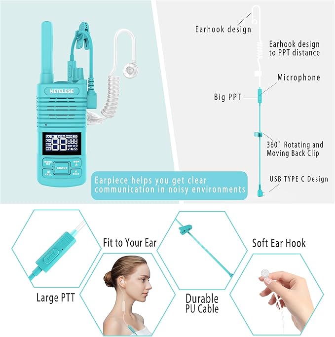 KETELESE T1 Walkie Talkies Long Range with Acoustic Tube Earpiece, Portable FRS Two-Way Radios, USB C Rechargeable walky Talky for Adults, for School Restaurant Church Business(2 Pack), Blue