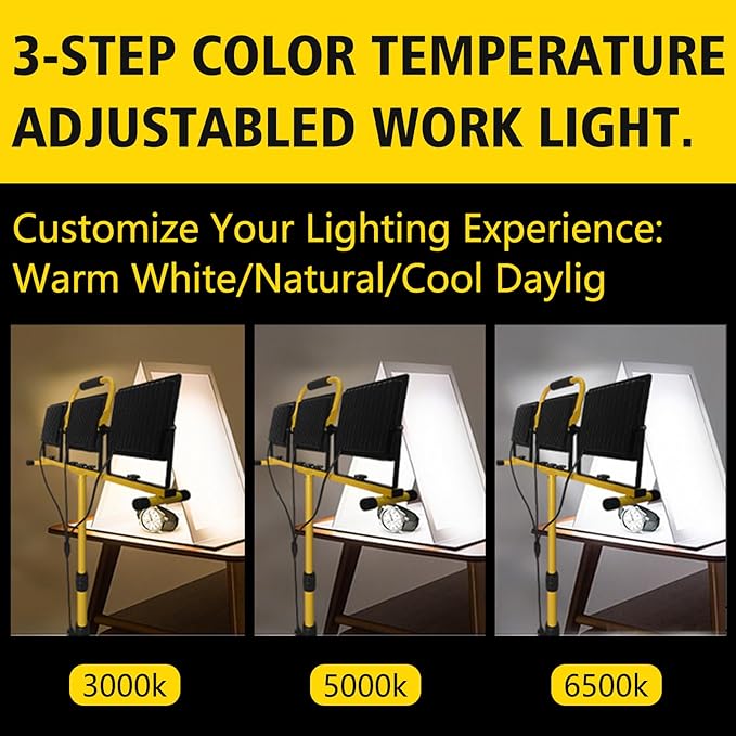 32000LM LED Work Light with Tripod, 3x100W 3-Head Floodlight, Plug-in 120V, 3 CCT 3000K/5000K/6500K, 360° Adjustable, IP66, 43.7-65.4 in, 16.4 ft Cord, Portable Telescoping Stand for Jobsite/Workshop