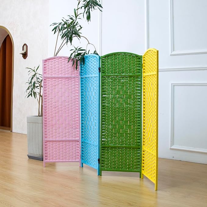 4 Panel Rattan Divider Short Room Partition Screen,Double Sided Folding Divider for Room Separation,Colorful,47.2" H x 63" W