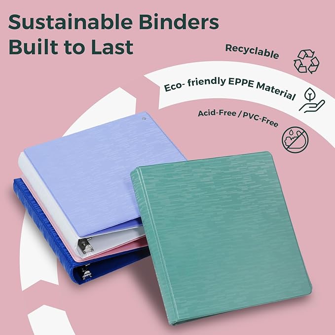 POPRUN 3 D Ring Binder 1.5 Inch, PVC-Free, Holds 375 Sheets of 8.5 x 11 Paper, Extra Durable Organizer with 2 Pockets for School & Office, Heavy-Duty, 2 Pack, Midnight Green