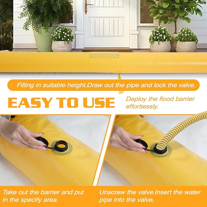 3 Pack PVC Flood Barriers Bags, 72 x 14 Inch Inflatable Flood Barriers for Home Water Barrier Bag Reusable Flood Prevention Barriers Sandbag Alternative for Home Outdoor Flood(Yellow-3 pack)