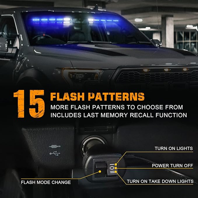 XRIDONSEN 34 inch Blue Emergency Visor Lights Bar Interior Front Windshield Strobe Lights 40 LED Warning Safety Flashing Hazard Light w/White Take Down for firefighter Police Vehicles Trucks