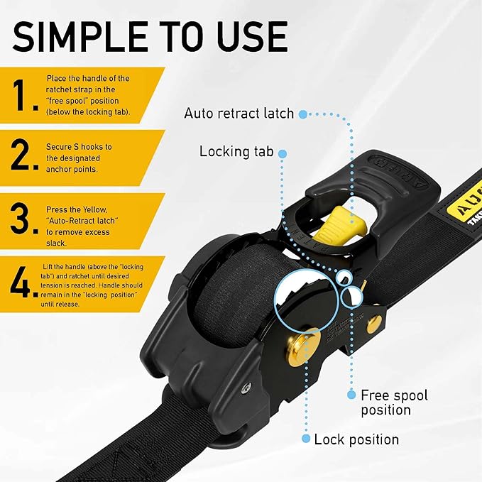 AUGO Retractable Ratchet Straps | 4 Heavy Duty Ratchet Straps Self Retractable Tie Down Straps with Soft Loops & Storage Bag for Motorcycle, Truck, Trailer, Cargo Van | 1200 Lb Break Strength 1” x 10’