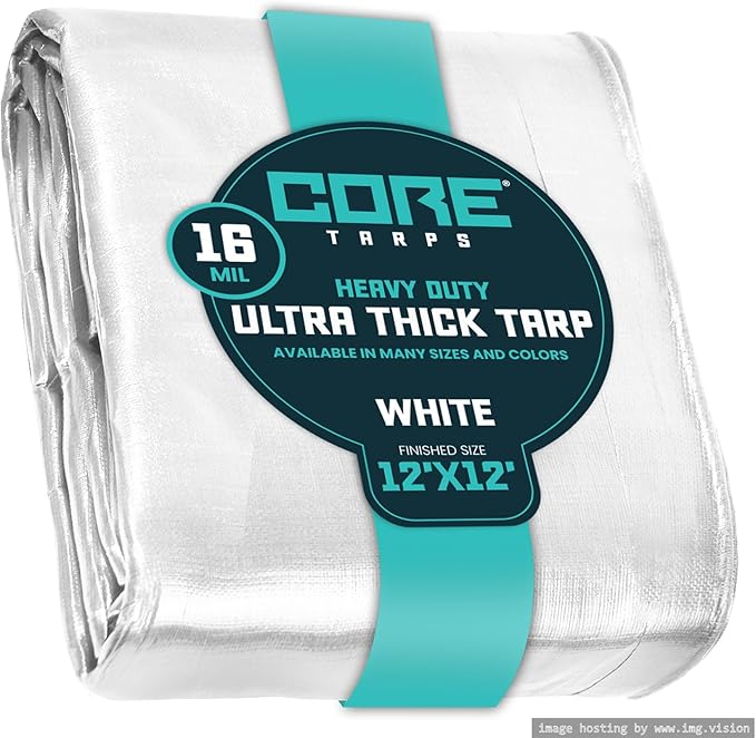 Core Tarps Extra Heavy Duty 16 Mil Tarp Cover, Waterproof, UV Resistant, Rip and Tear Proof, Poly Tarpaulin with Reinforced Edges for Roof, Camping, Patio, Pool, Boat (White 12′ X 12′)