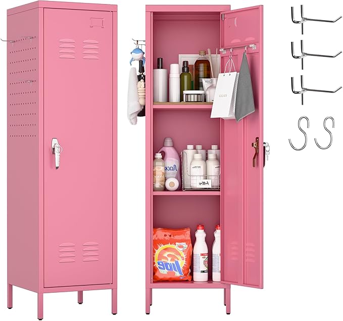 Lockable Metal Lockers with Handle and Keys,Metal Storage Locker with 2 Pegboard & 5 Hooks for Home,Office,School,Pink,Required Assembly