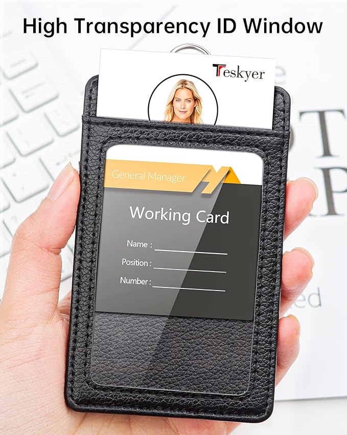 Teskyer Badge Holder with Lanyard, Leather ID Name Badge Card Holder with Lanyard for ID Badges, Vertical, Lychee Pattern Black