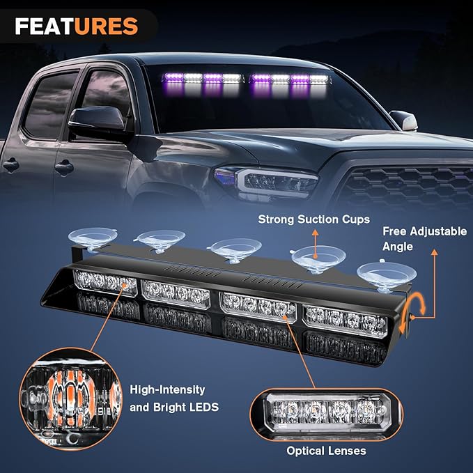Nilight 32LED Purple White Emergency Dash Strobe Lights with Controller Suction Cups Warning Hazard Interior Front/Rear Windshield Deck Split Light Bar for Truck Construction Vehicle
