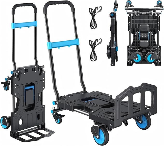 Folding Hand Truck, 330 lbs Max Capacity Portable Hand Cart, 2-in-1 Heavy Duty Foldable Dolly Cart with Adjustable Retractable Handle for Luggage, Moving, Shopping, Office,Travel Use